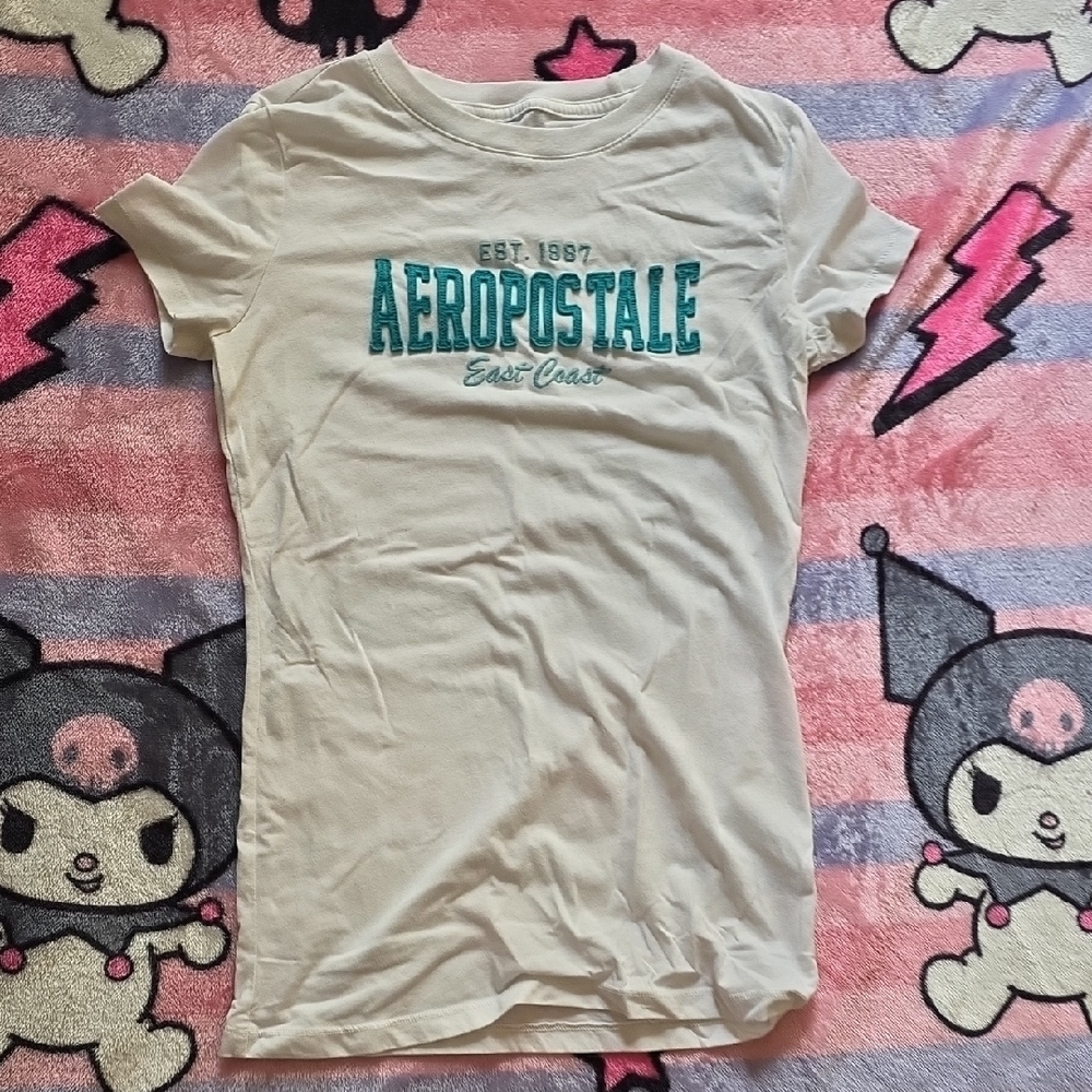 Aeropostale White and Teal Graphic Tee